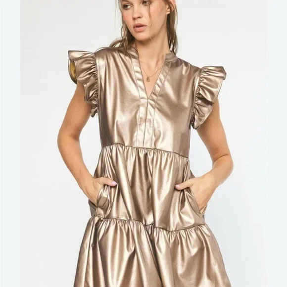 fab'rik | Dresses | Gold Tiered Faux Leather Ruffle Mini Dress With Vneck |  Poshmark